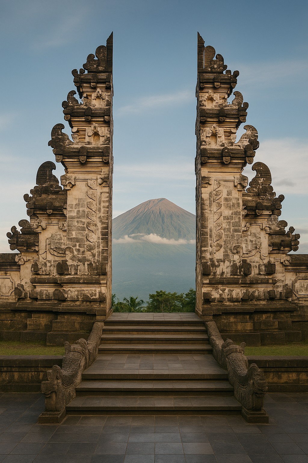 Penataran Agung Lempuyang Tempel mit dem gespaltenen Himmelstor und dem Vulkan Mount Agung im Hintergrund.