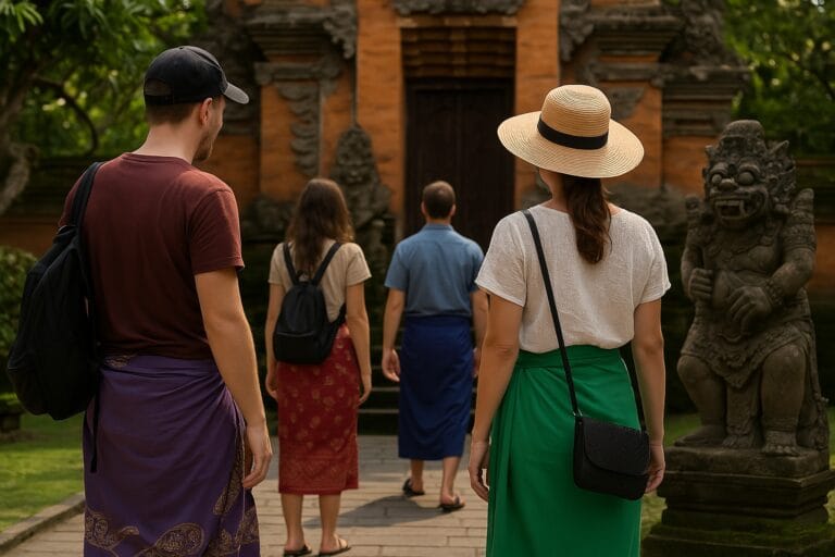 Touristen besuchen einen balinesischen Tempel unter Einhaltung der neuen Regeln 2025