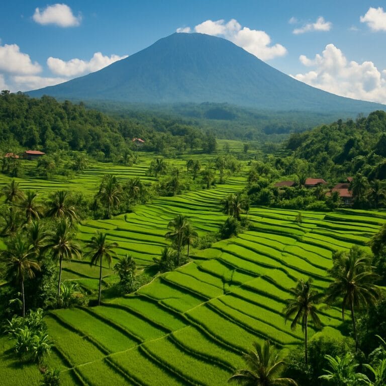 Blick auf Reisfelder und Berge in Sidemen, Bali, bei Sonnenaufgang