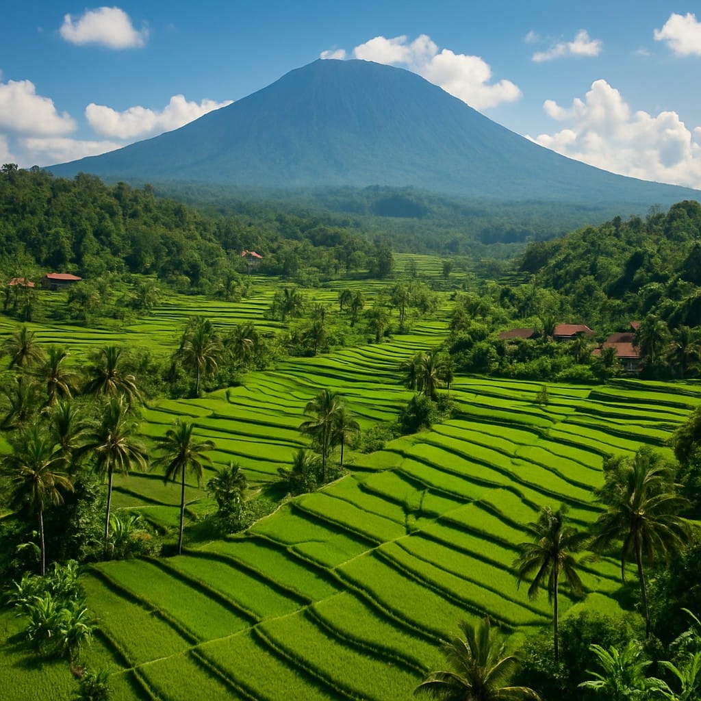 Blick auf Reisfelder und Berge in Sidemen, Bali, bei Sonnenaufgang