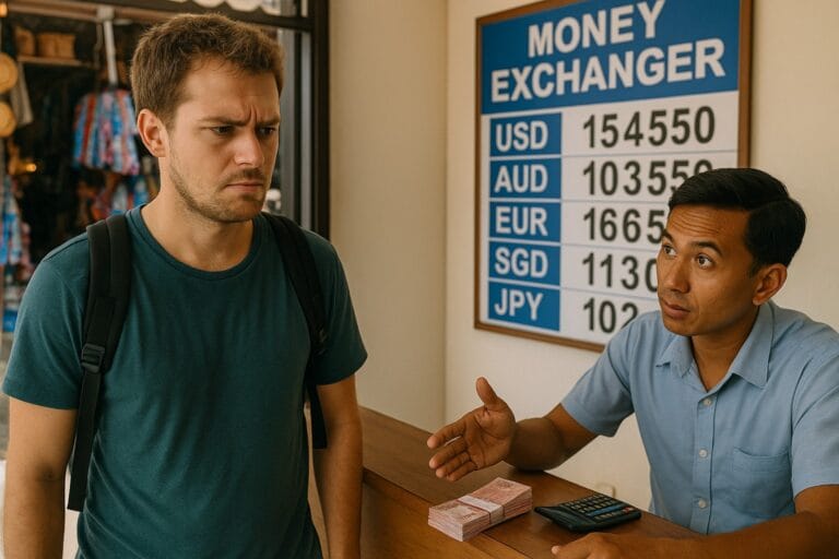 Tourist looking skeptical at currency exchange teller in Bali