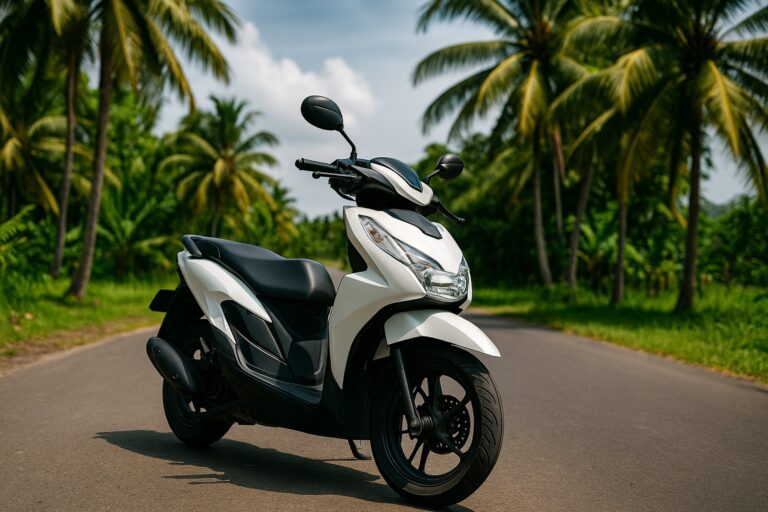 Tourist fährt Roller auf einer Straße in Bali 2025