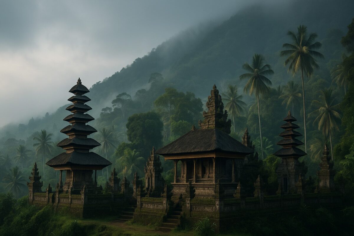 Balinesischer Tempel mit traditionellen Schnitzereien und Bergkulisse