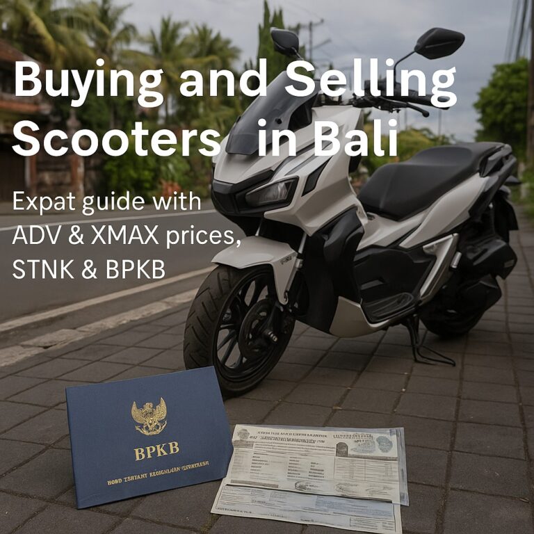 Ausländer fährt 2025 mit einem Honda ADV Roller durch Bali, tropische Straße mit Palmen, Reisfeldern und Tempel