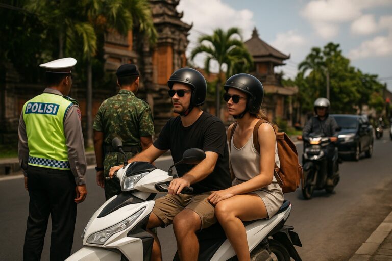 Tourist fährt 2025 mit einem Roller auf einer Landstraße in Bali, umgeben von Palmen und Reisfeldern