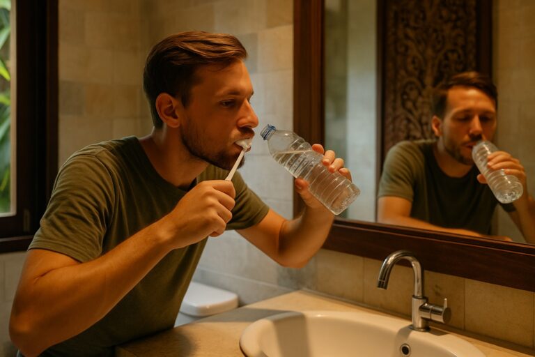 Reisender putzt sich in Bali die Zähne mit Wasser aus einer Plastikflasche
