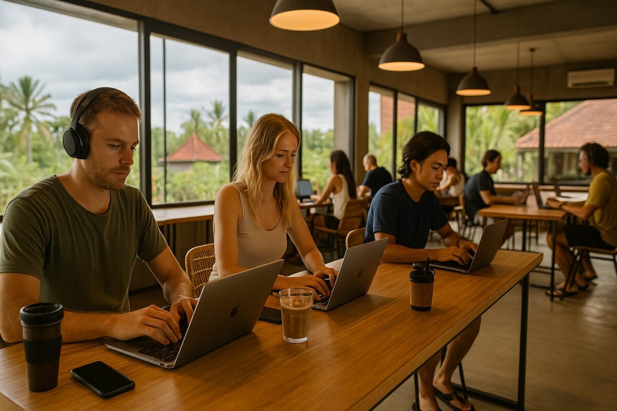 Digitale Nomaden arbeiten 2025 in einem Coworking Space in Bali