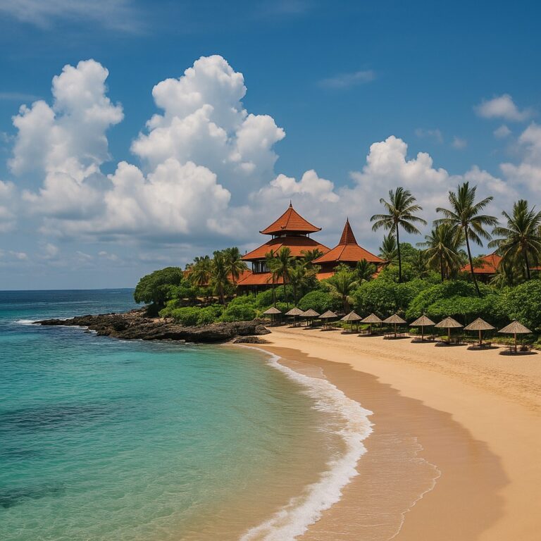 Sonniger Strand in Bali mit Surfern, Reisfeldern und Tempel im Hintergrund