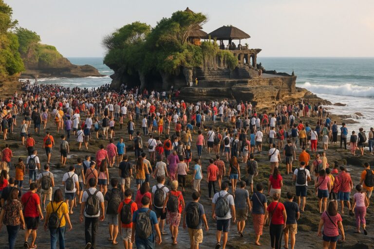 Große Menschenmenge vor dem Tanah Lot Tempel in Bali bei Sonnenuntergang, zeigt touristische Überfüllung.
