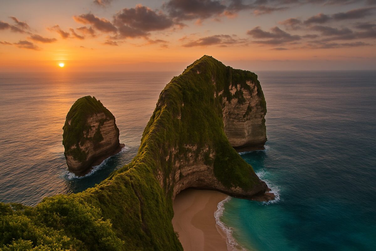 Kelingking Beach Klippen in Nusa Penida bei Sonnenuntergang, Naturaufnahme ohne Bauprojekt.